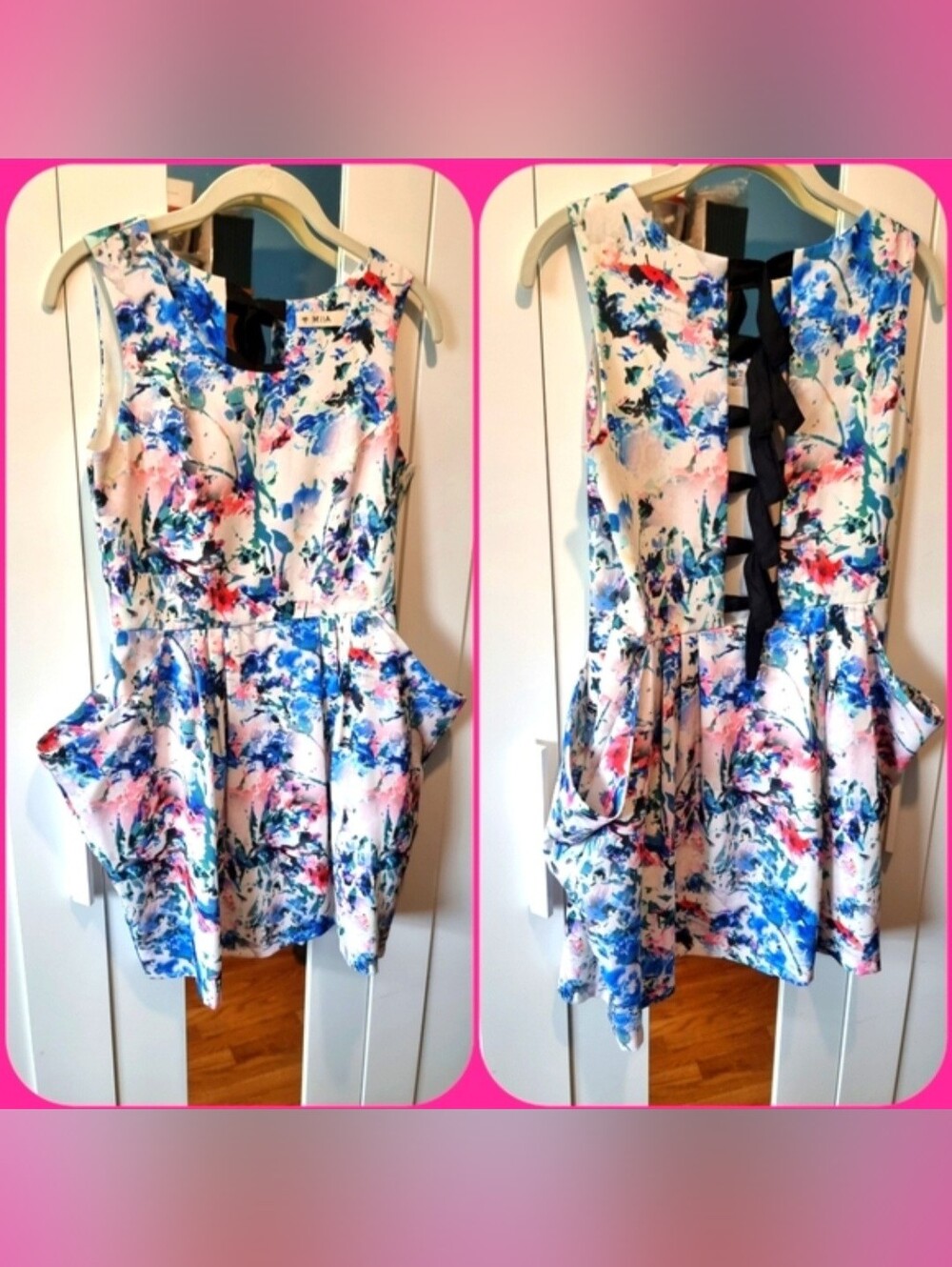 Ladies Floral Watercolour Print Dress with Ribbon Cutout Back & Slouchy Pockets